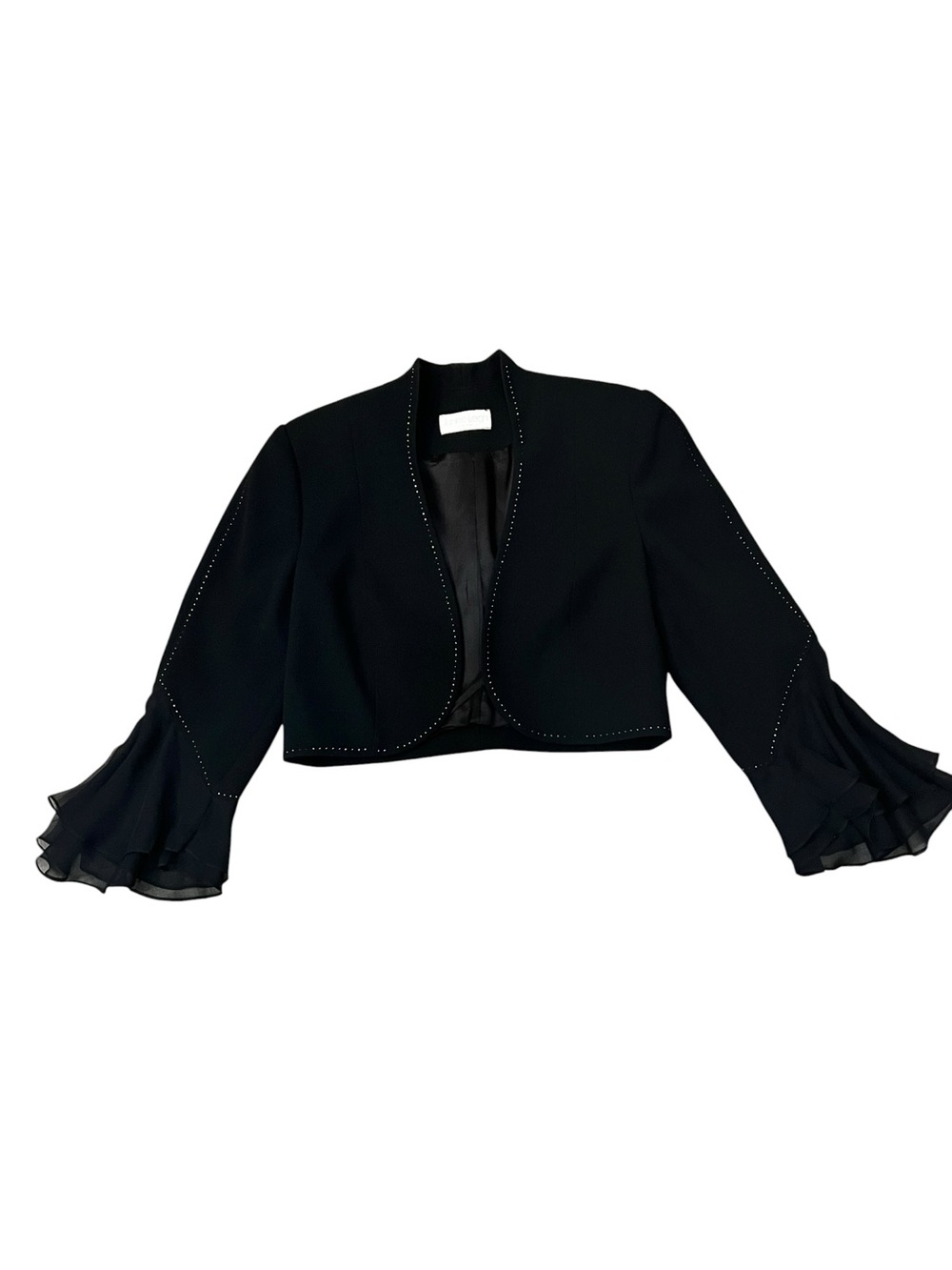 Black Open-Front Bolero Jacket with Sheer Ruffle Sleeves and Crystal details - Picture 4 of 7